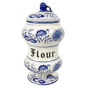VTG Arnart Blue Onion Danube Ceramic Flour Canister Jar w/Lid White Floral Blue